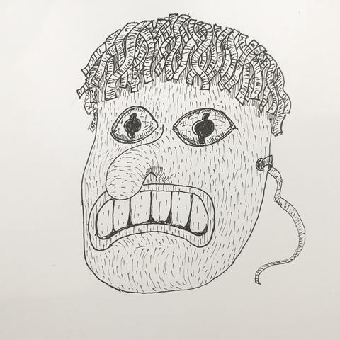 Ink line drawing of a carved mask with ribbons for hair, staring eyes, a curved nose, and a grimacing mouth.