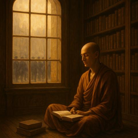 In einem warmen, stimmungsvollen Raum sitzt ein buddhistischer Mönch in ockerfarbener Robe auf dem Holzboden einer alten Bibliothek. Umgeben von hohen Bücherregalen und sanftem, goldenem Licht, das durch ein großes Fenster fällt, liest er in einem Buch auf seinem Schoß. Draußen hinter der Fensterscheibe erkennt man eine verschwommene, graue Menschenmenge – distanziert, fast geisterhaft. Der Kontrast zwischen der ruhigen, innerlichen Welt des Lesenden und der anonymen, lauten Außenwelt ist deutlich.

Das Bild symbolisiert auf poetische Weise den Unterschied zwischen introvertierten und extrovertierten Menschen:
Der Introvertierte schöpft Kraft aus Stille, Tiefe und Rückzug – sein Inneres ist reich und klar. Der Extrovertierte hingegen fühlt sich von Gesellschaft, Austausch und äußerem Reiz getragen. Hier bleibt der Mönch bewusst im Raum der Selbstbegegnung, während draußen das kollektive Getriebe weiterläuft.

⸻

📷 Image Description (English):
In a warm, atmospheric room, a Buddhist monk in ochre robes sits cross-legged on a wooden floor in an old library. Surrounded by towering bookshelves and bathed in golden afternoon light pouring through a large window, he reads peacefully from a book in his lap. Outside, beyond the glass, a gray, blurred crowd passes by – distant and ghostlike.

This image poetically illustrates the difference between introverted and extroverted temperaments:
The introvert draws strength from silence, depth, and solitude – their inner world is rich and l