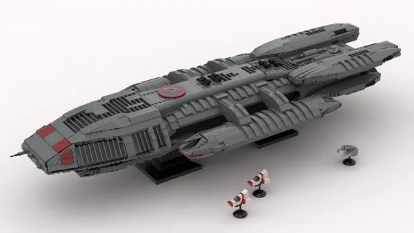 Produktbild des besagten Mutterschiffs, das nicht zu übersehende Ähnlichkeit mit demjenigen aus "Kampfstern Galactica" hat.
