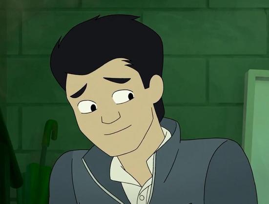 From the same scene. Min-Gi glances behind himself with a bashful smile.