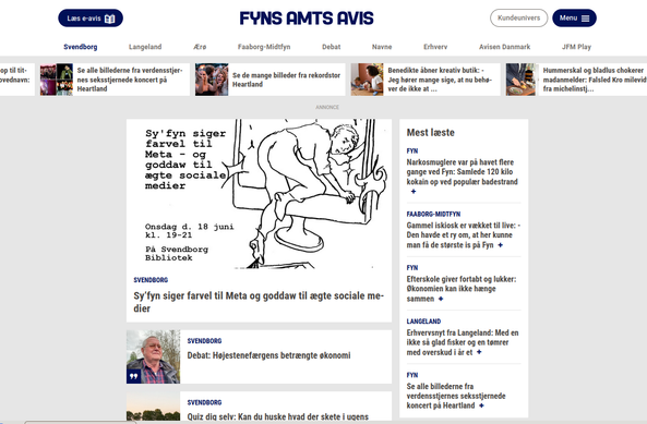 Screenshot der viser Slip Mig Det Klistrer - sy'fyn siger farvel til meta og goddaw til ægte sociale medier på forsiden af lokalavisen.