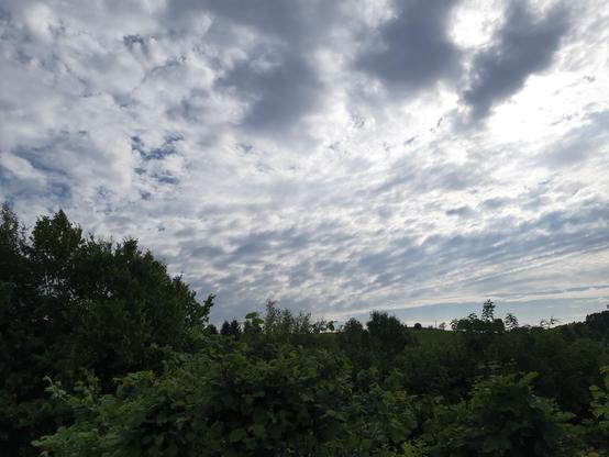 Weiße Wattewolken hinter denen die Sonne zu erahnen ist ziehen über grüne Hänge.