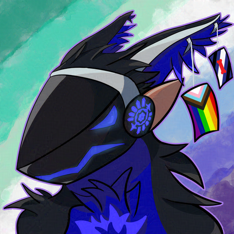 Alt: A rainbow pride profile picture of my male protogen Magolor. The image is a digital 3/4 headshot with a watercolour esq diagonal MSM pride flag as the background. The artstyle is digital flat colour with cell shading and black lineart of varying thickness. The subject of the headshot is a black and blue furred protogen with a silver metal headband which extends up his ears. The side panels have a complex blue pattern and a bronze metal fin. The ears are black on the top, metal strip in the middle and blue on the bottom. The torso fur is black on the shoulders and blue on the neck. The protogen is frowning with blue LEDs. The protogen's right most ear has two long silver earrings with rectangular pride flags dangling on them. Left to right a progress pride flag 2018 and the puppy play pride flag.