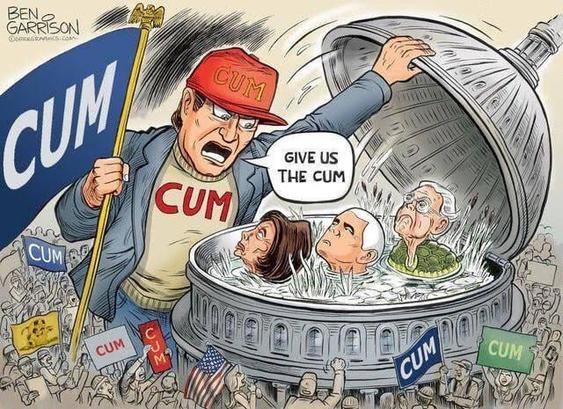 A chaotic political cartoon parody featuring a crowd chanting “GIVE US THE CUM” while holding signs and wearing clothes labeled “CUM.” A man in red leads the crowd, opening the U.S. Capitol dome like a lid, revealing politicians inside.