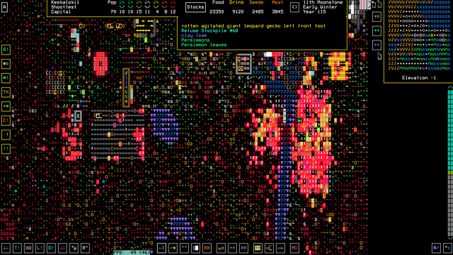 A screenshot of Dwarf Fortress. We are on the surface and there are dead goblin bits everywhere.