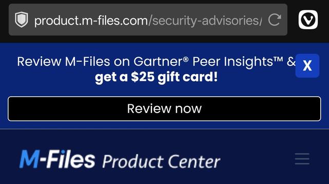 Screenshot of the M-Files home page displaying a banner that says "Review M-Files on Gartner Peer Insights & get a $25 gift card!"