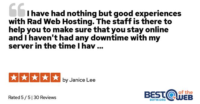 ⭐⭐⭐⭐⭐ - "I have had nothing but good experience with Rad Web Hosting..."
- Janice L

Read more ➡️ https://rwh.biz/5stars

#customerfeedback #customersatisfaction #fivestars #hosting #webhosting