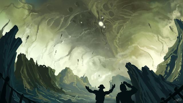 A big alien monster in the sky and some humans don't know what the hell to do with the situation at the bottom.