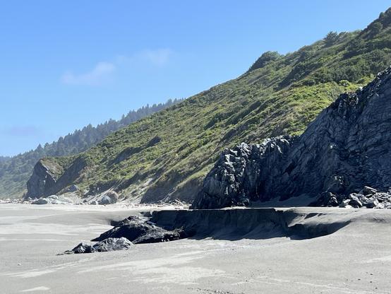 Sediment is being redeposited in the coastal areas of Redwood National and State Parks. This view shows blue skies with a few clouds over the green vegetation on the slopes behind the coastal area. The accumulating sediment that forms the beaches can be seen in the foreground.