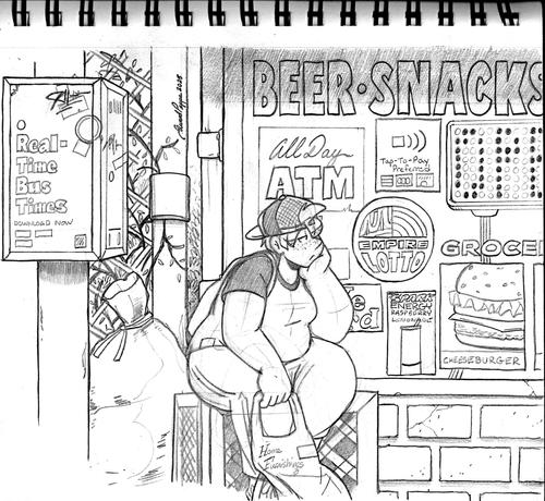 A sketch of a woman named Katie sitting on a plastic crate at a bus stop in front of a convenience store. She has a bored expression, looking to her left with her head resting on her left hand. Her right hand holds a work apron with a nametag and the name "Home Furnishings" written across the front. The sign at the bus stop advertises a bus tracking app with the tagline: "Real-Time Bus Times. Download Now". The store behind her has various signage across the window. From top to bottom: text that reads "Beer, Snacks-", two signs that read "All Day ATM" and "Tap-To-Pay Preferred", an LCD sign that reads "OPEN", a lottery logo, an ad for a "Spark Energy: Raspberry Lemonade" energy drink, and a "Grocery" section for various food items, only one shown is a photo of a cheeseburger. To the left of the store is a tall, tied-up trash bag. Behind the bag is a metal fence with bushes and branches poking through.