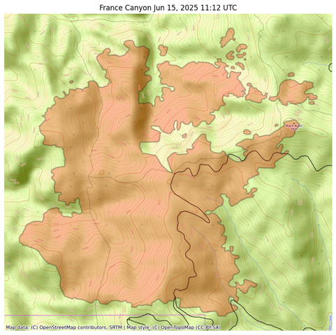 Visual map representation of the France Canyon wildfire, showing the perimeters of the 1468.8550280697216 acre fire on a map.