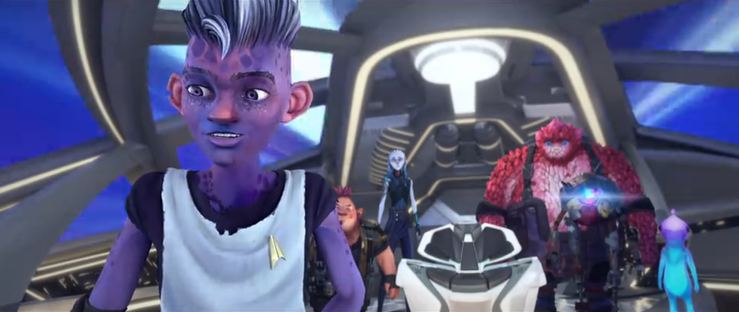 A close-up shot of Dal (as Admiral Janeway) on the bridge of the Protostar (he's standing in front of the Captain's chair).  Jankom, Gwyn, Rok, Zero and Murf are standing behind the Captain's chair out of focus.  From E118