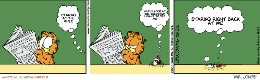 Original Garfield comic from December 23, 2011
Text replaced with lyrics from: Mr. Jones

Transcript:
• Staring At The Video
• When I Look At The Television I Want To See Me
• Staring Right Back At Me


--------------
Original Text:
• Spider:  HO! HO! HO!  I'm SPIDER CLAUS!  I HOPE YOU GET UNDERWEAR!

The image features a three-panel comic strip, each panel depicting a different scene from the original comic strip. In each panel, a character from the comic strip is shown, engaged in various activities or conversations.

In the first panel, a character is reading a newspaper, with a thought bubble above their head containing the phrase "Starting now, I need to know that many more stories are out."

The second panel shows a character, including a cat, sitting on top of a desk, with the thought bubble above their head containing the phrase "With 300 stories a day, I need to know what to read."

In the third panel, the cat is standing up, and the thought bubble above their head contains the phrase "With 300 stories a day, I need to know what to read." This panel is a continuation of the second panel, featuring a different character and a different situation.