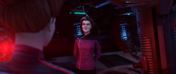 A shot of Dal (as Admiral Janeway) talking with Hologram Janeway on the Protostar.  From E118