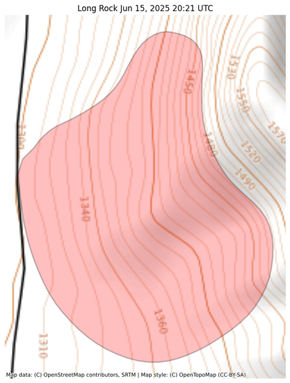Visual map representation of the Long Rock wildfire, showing the perimeters of the 81.72948610081565 acre fire on a map.
