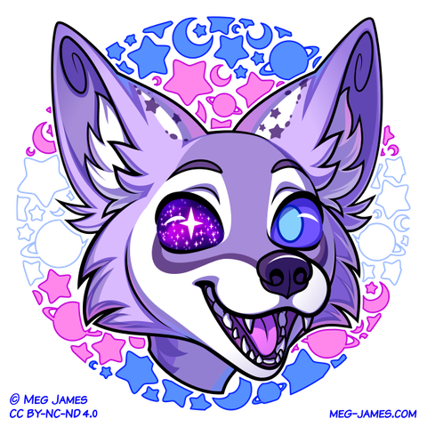 Icon of Pilot, a purple fennec fox, framed in a decorative circle colored like the transgender flag.
