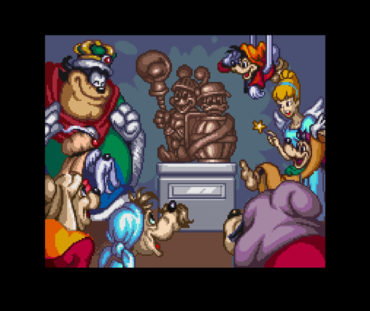 A Mickey and Donald statue, and some characters celebrating