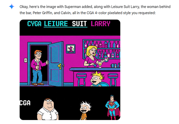 Okay, here's the image with Superman added, along with Leisure Suit Larry, the woman behind the bar, Peter Griffin, and Calvin, all in the CGA 4-color pixelated style you requested: