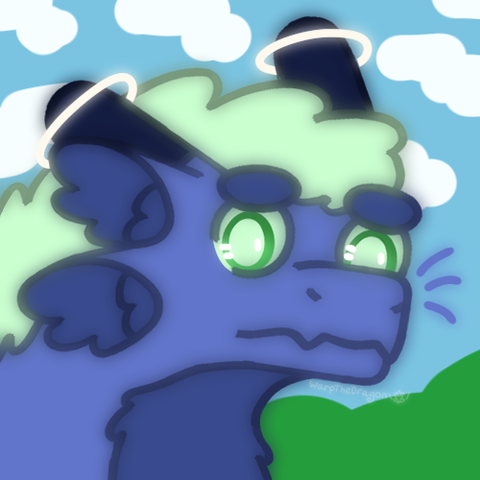 a drawing of a juvenile fluffy blue dragon looking worried.