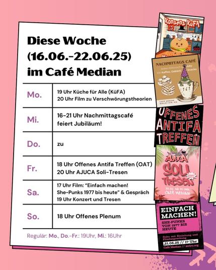 AWIRO-Woche 16.06.-22.06.25: Mo: Küfa (19 Uhr) und Film zu Verschwörungstheorien (20 Uhr) Mi: Nachmittagscafé Jubiläum (16 bis 21 Uhr) Do: Tresen zu Fr: OAT zu Ajuca (18 Uhr) und Solitresen für Ajuca (ab ca. 20 Uhr) Sa: Film zu Punks mit kritischer Einordnung der Bands (17 Uhr) und Konzert (ab 19 Uhr) (Unterstützung gesucht) So: Offenes Plenum (18 Uhr)