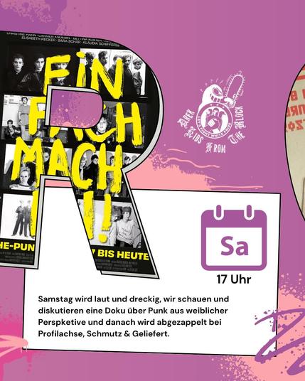 Samstag:

Film zu Punks seit 1977 mit kritischer Einordnung der Doku (17 Uhr) und Konzert (ab 19 Uhr) (Unterstützung gesucht)

Samstag wird laut und dreckig, wir schauen und diskutieren eine Doku über Punk aus weiblicher Perspketive und danach wird abgezappelt bei Profilachse, Schmutz & Geliefert.