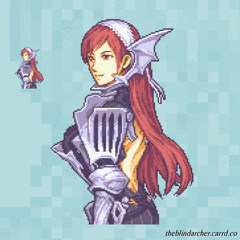 A 16 bit pixel art portrait of a fair skinned woman with long red hair and matching eyes.  She is turned away from the point of view, revealing that her black pin-stripe style dress is backless, and has a hand on her chest.  She wears a lace hairband on her head, and is clad in silver armor.  The chin guard of her armor resembles dragon wings.  The art is of the character Cherche from the game Fire Emblem Awakening.