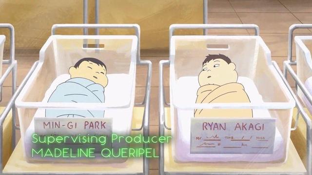 Screenshot of episode 1, The Twin Tapes. Newborns Min-Gi and Ryan are in their labeled prams at the hospital. Ryan is looking over at a slumbering Min-Gi.