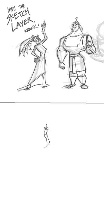Izma and Kronk, as a black and white sketch and line art. Izma is saying "Hide the sketch layer, Kronk!". Next image is the lineart without the sketch. Only Izma hand is left, as almost all the lineart was made on the sketch layer by error