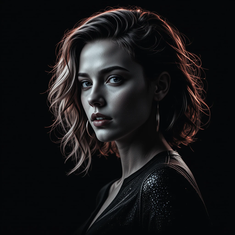 Retrato de una mujer con cabello ondulado y rostro expresivo, iluminado dramáticamente sobre un fondo oscuro.