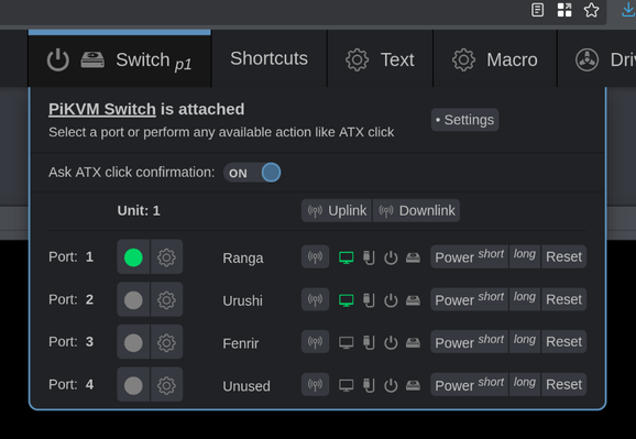 The PiKVM switch interface via the web UI showing the three Proxmox nodes being accessible.