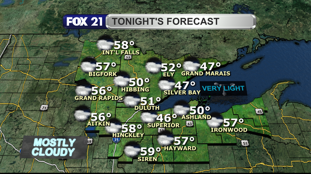 An approaching storm system will bring mostly cloudy skies to the Northland Sunday night with very light winds.  Low temperatures will remain mild in the upper 40s and 50s.