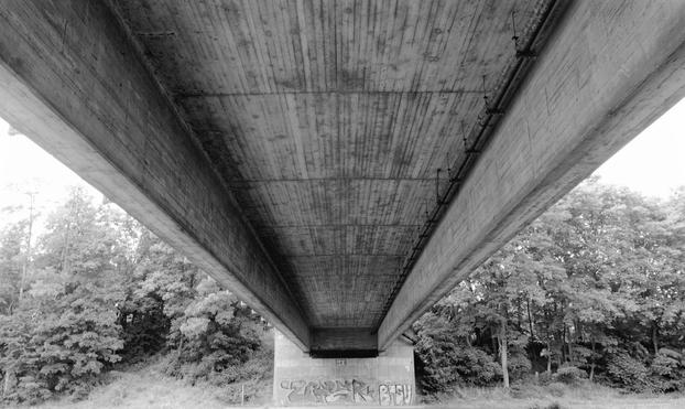 Underneath view of a wide concrete bridge with a textured surface. A graffiti-covered support pillar is visible in the center. Dense trees form a backdrop on both sides, with foliage stretching to the top of the image. The photo is in black and white, highlighting contrasts and textures.
###
Darunter Ansicht einer breiten Betonbrücke mit strukturierter Oberfläche. In der Mitte ist eine mit Graffiti beschmierte Stützsäule zu sehen. Dichte Bäume bilden auf beiden Seiten eine Kulisse, wobei sich Laub bis zum oberen Bildrand erstreckt. Das Foto ist in Schwarz-Weiß, wobei Kontraste und Texturen hervorgehoben werden.