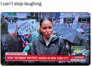 Still from MSNBC showing a protest for No Kings Day in New York City. Someone in the background has a sign that says "NATIONAL GUARD DEEZ NUTS" with a heart and a smiley face on it.

I don't think NYC is going to be intimidated either. 

Go to https://protest.one/calendar to see the DAILY protest schedule over there.