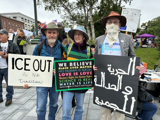 My Dad's sign: "ICE OUT: An NH Tradition" My Mom's sign: That "We believe..." sign containing all of the tenets of ResistLib-ism My sign: الحرية والعدالة للجميع