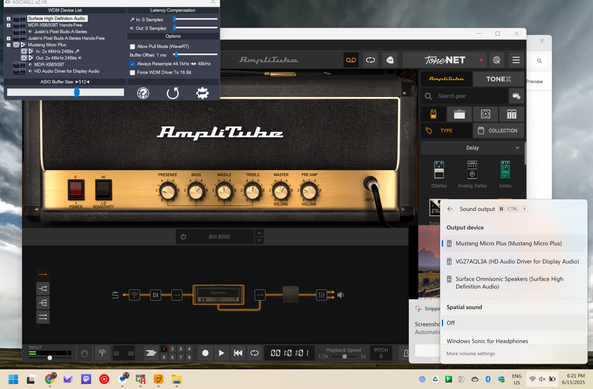 A screenshot of a Windows desktop with the ASIO4ALL settings window, the AmpliTube 5 application, and the OS sound settings showing the Mustang Micro Plus selected as the sound output.