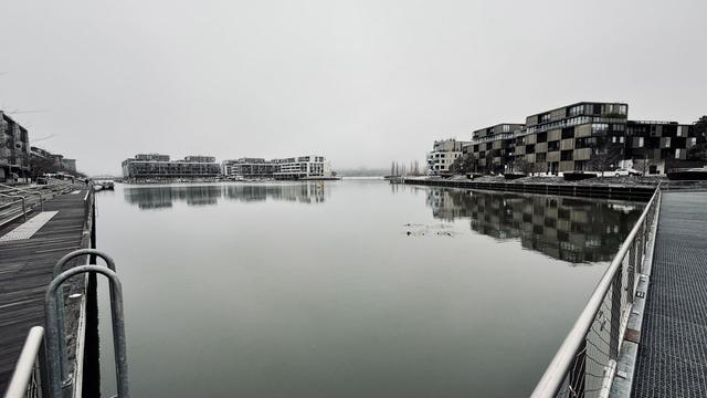 Kingston foreshore on a foggy morning.  Looking across a small harbour with boats and apartment buildings in the distance.  Wooden boardwalks angle left and right from the viewpoint.