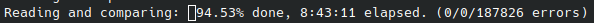 Reading and comparing: 94.53% done, 8:43:11 elapsed. (0/0/187826 errors)