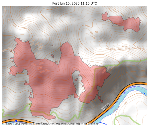 Visual map representation of the Post wildfire, showing the perimeters of the 150.59027224083118 acre fire on a map.
