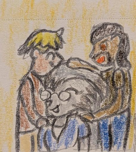 Color pencil drawing of Silva Leon, an anthro cat woman, and her fathers on a yellowish background.