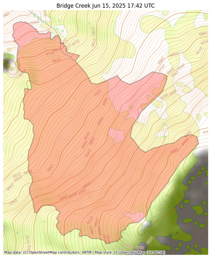 Visual map representation of the Bridge Creek wildfire, showing the perimeters of the 260.0 acre fire on a map.