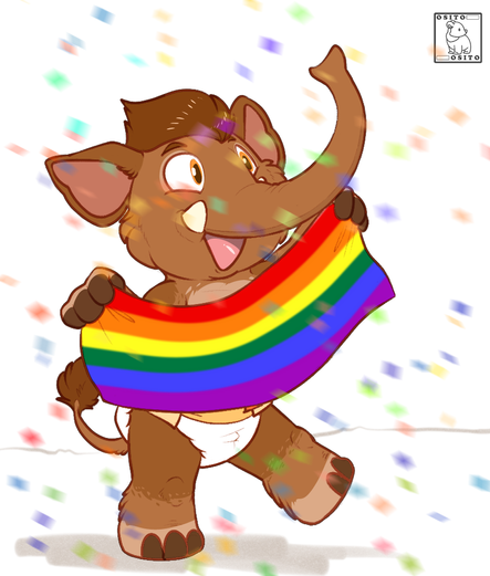 Anthropomorphic brown baby woolly mammoth walking on two feet. He is wearing a white diaper with orange tapes. In between his hands is a big rainbow flag for pride month. He looks very happy and there is confetti falling around him.