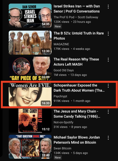 youtube suggestions showing a "Women Are EVIL" video titled "Schopenhauer Exposed The Dark Truth About Women"