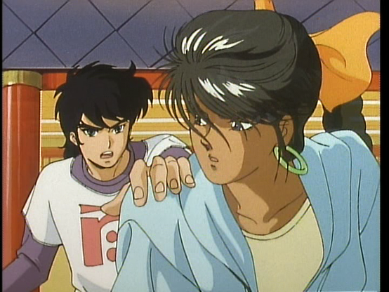 In the foreground is Runa, behind her is Ryo, who is reaching out to grab her by her shoulder.