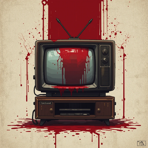 Ilustración de un televisor retro manchado de sangre, con manchas rojas derramándose en el fondo.