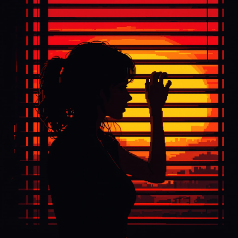 Silhouette of a woman looking out through blinds, with a vibrant sunset in the background.