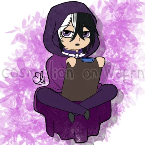 Digital flat color illustration of Gregory Violet from Black Butler, drawn in chibi style. He is floating in the air cross legged, holding a drawing pad. The background is white with a floral pattern in purple tones.
