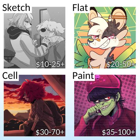 Commission style examples. 

Sketches: $10 to $25+
Flat Colors: $20 to $50+
Cell Shading: $30 to $70+
Paintings: $35 to $100+