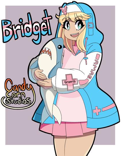A drawing of Bridget but with a trans flag-themed sweater and also she is hugging a Blahaj. Next to her is “Bridget” in big bold letters colored like the trans flag