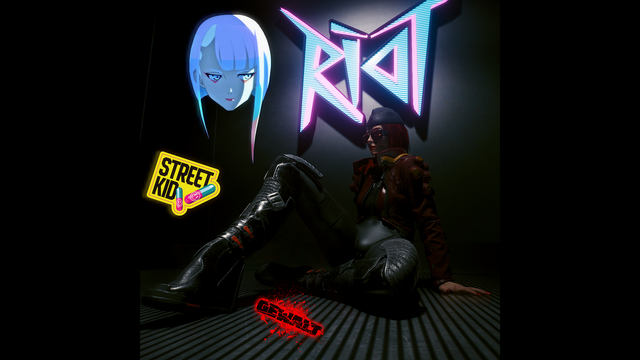 Cyberpunk 2077 player character V.
dark backround, dimm light, a Women posing relaxed, in tight black leather clothing & her mostly black, wedge heel knee high boots, a dark red motor cycle jacket, a black navy sidecap & a pair of dark futuristic sunglasses, sitting on the ground on a dark metal flooring.
The letters Riot are visible above her. In rough and pointy styled, letters left to them at the same hight as the sign is the anime styled pale blue face of Lucy from Cyberpunk Edge Runners. The label Street kid is underneath above V.'s leg/feet a red splatter logo reading Gewalt in all caps is place between her legs on the ground.