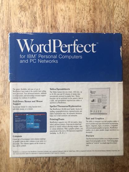 A blue and white box of WordPerfect software from another era of computing.